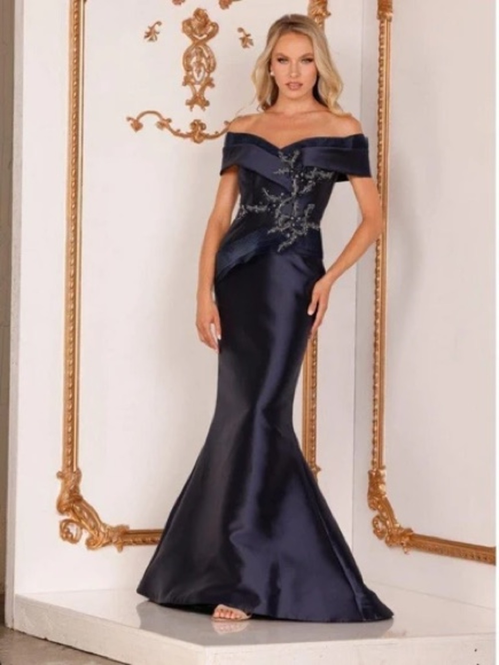 Terani Couture 2011M2159 NavyOff-the-Shoulder Evening Gown